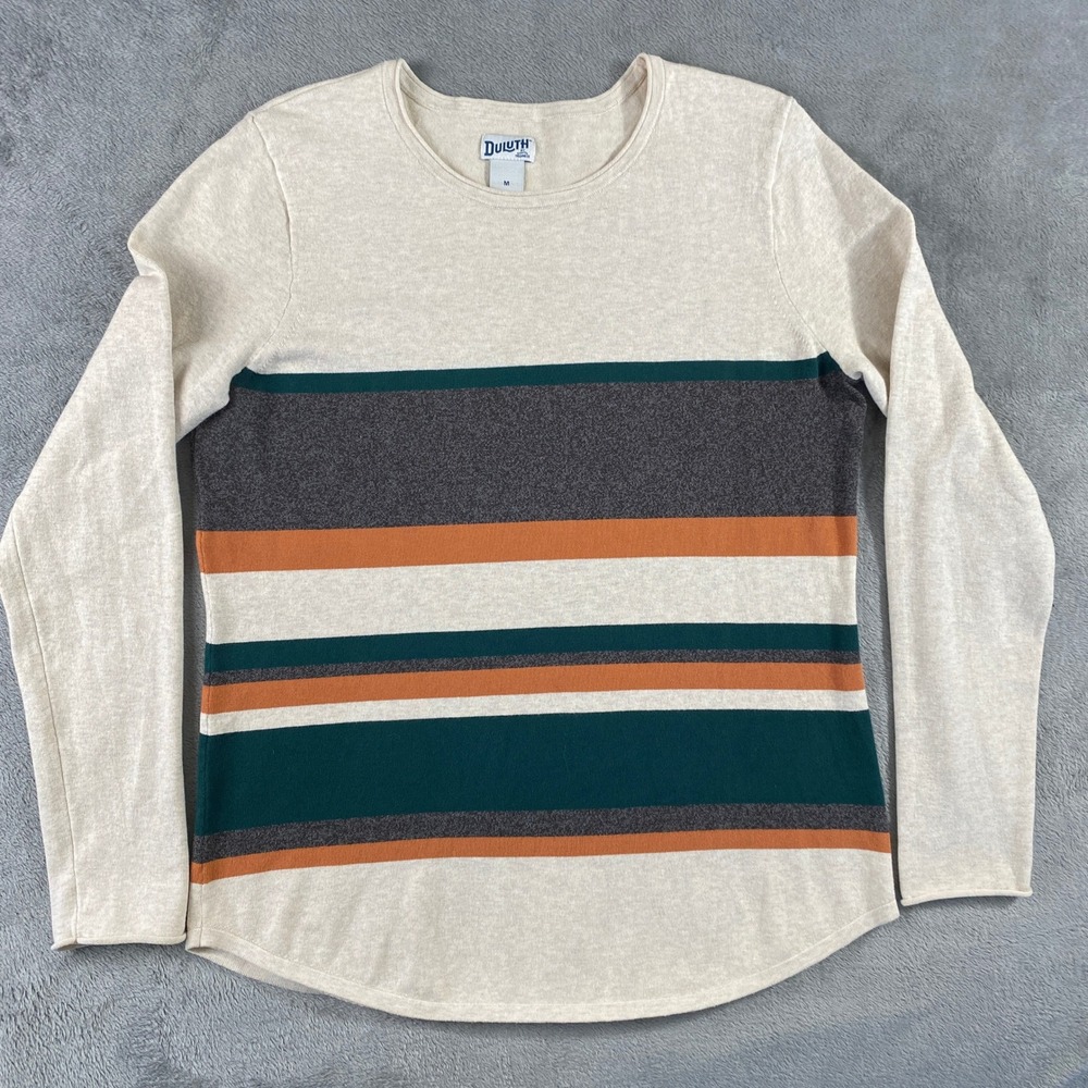 Duluth Trading Co Sweater Womens M Cream Striped Long Sleeve Cotton Blend Knit